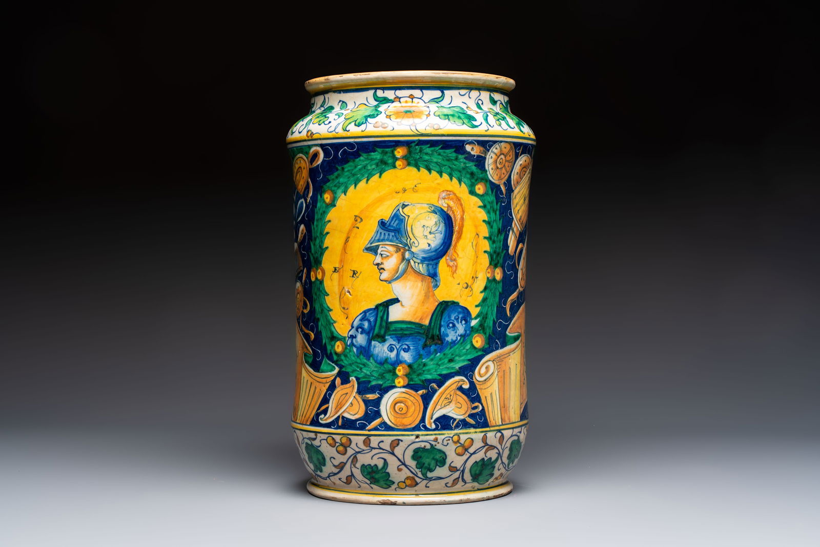 A massive polychrome Italian maiolica albarallo with a profile bust of a warrior from the Antique,: A massive polychrome Italian maiolica albarallo with a profile bust of a warrior from the Antique, Venice, 16th C. H.: 40,5 cm