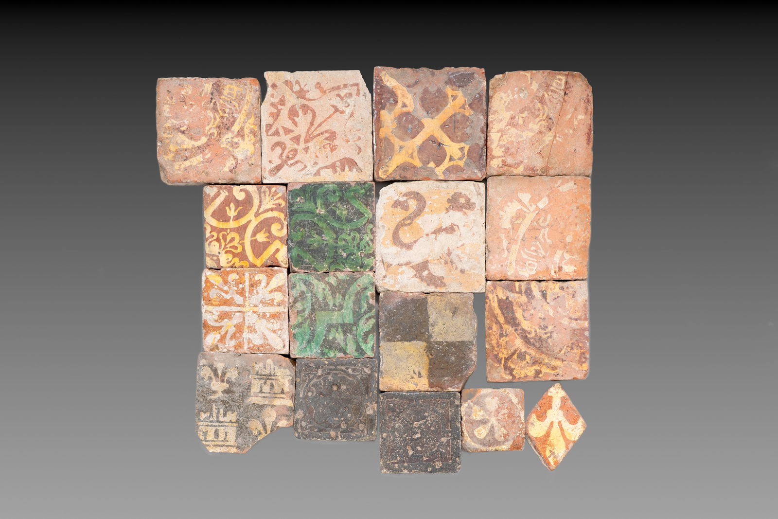 A varied collection of 17 slip-decorated medieval and post-medieval tiles, France and Flanders, (1 of 1)