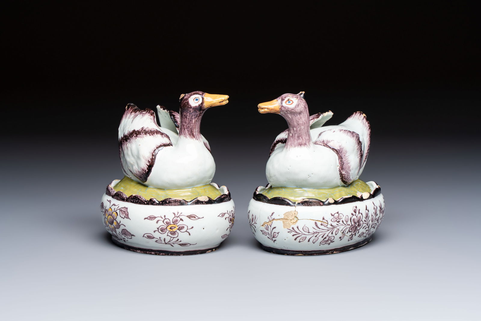 A pair of rare polychrome Dutch Delft duck-form tureens and covers, 18th C. (1 of 9)