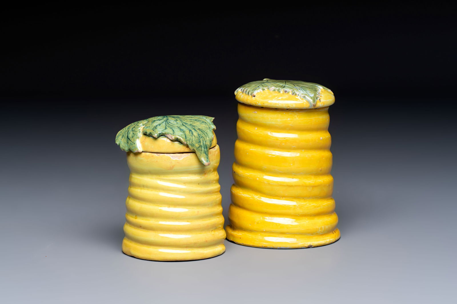 Two rare polychrome Dutch Delft honey pots and covers, 18th C. (1 of 7)