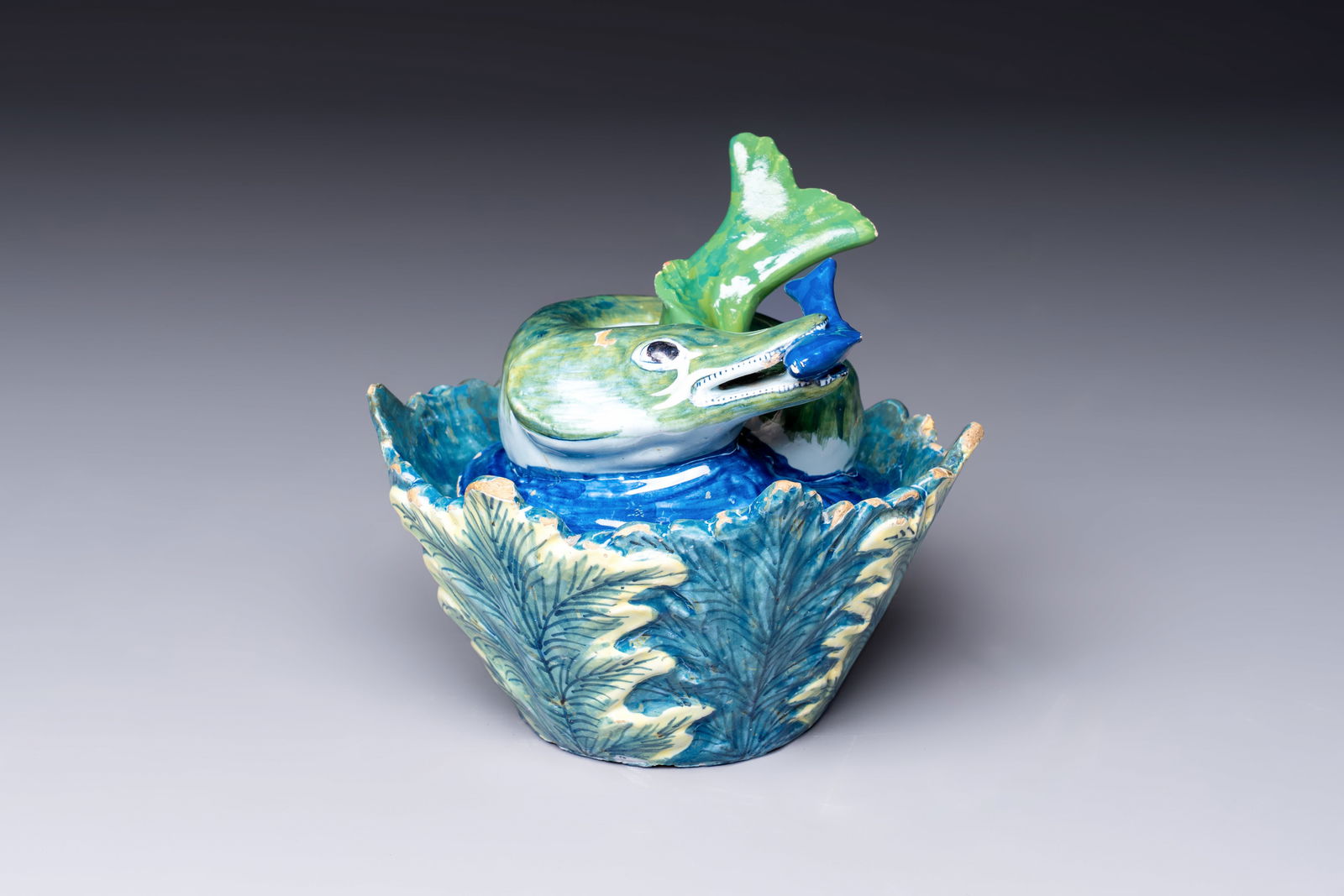 A rare polychrome Dutch Delft 'Pike' tureen and cover, 18th C. (1 of 8)