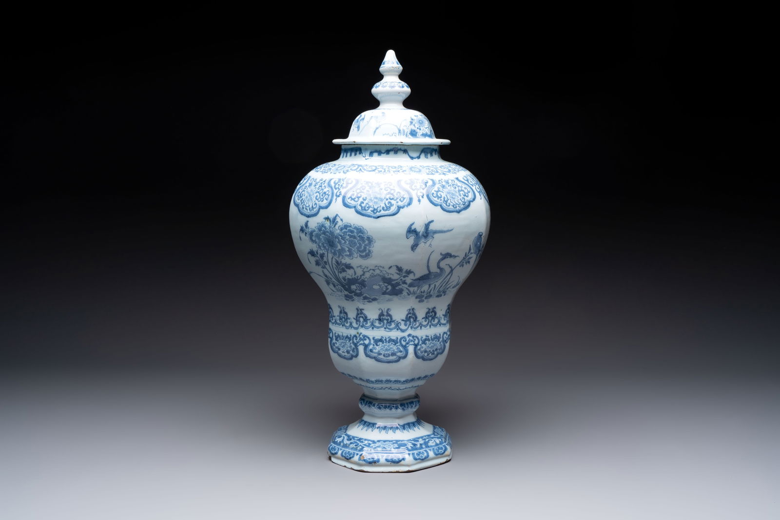 A blue and white Dutch Delft baluster vase and cover with birds among flowering branches, late 17th (1 of 6)