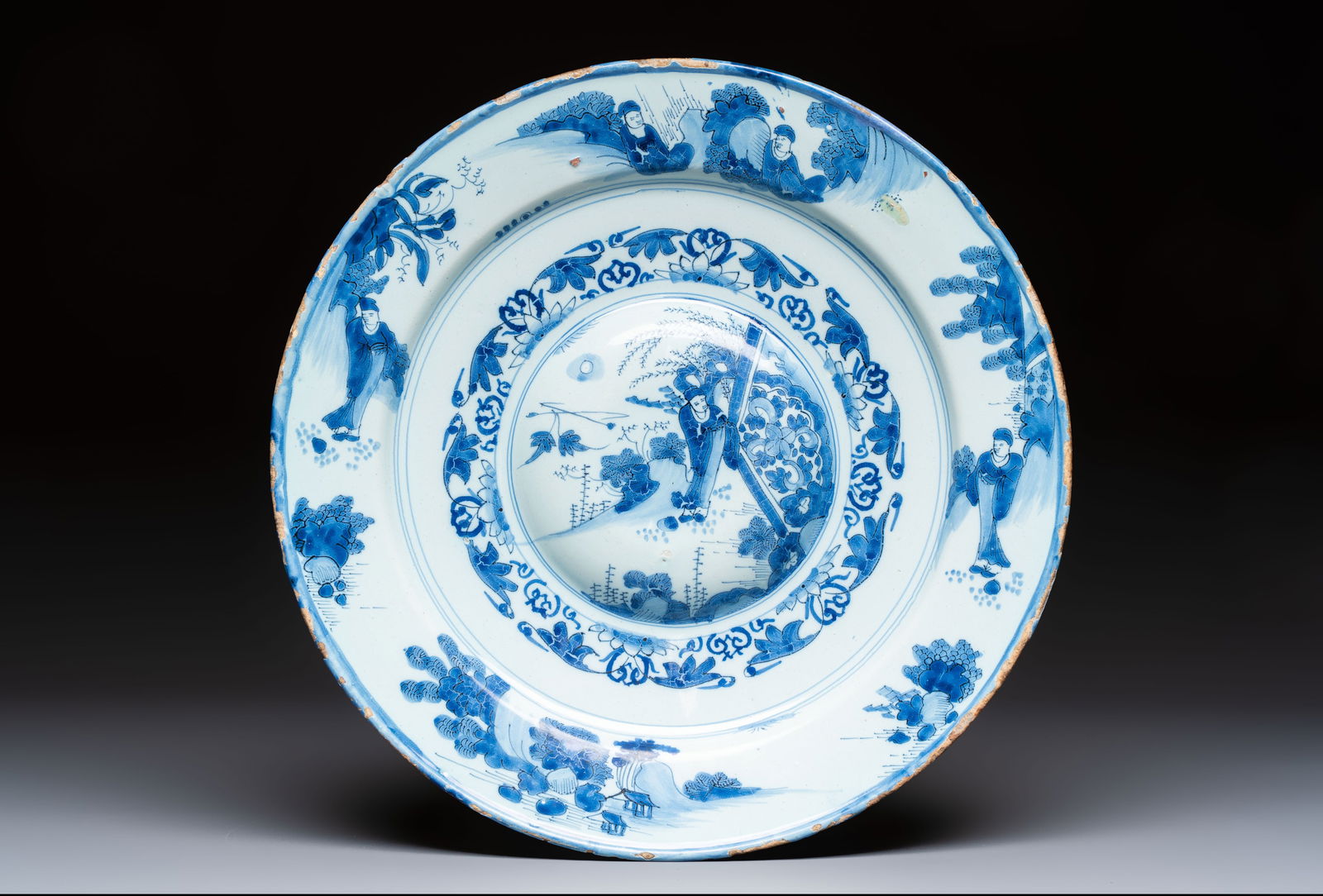 A blue and white Dutch Delft 'Chinoiserie' dish, 17th C. (1 of 2)