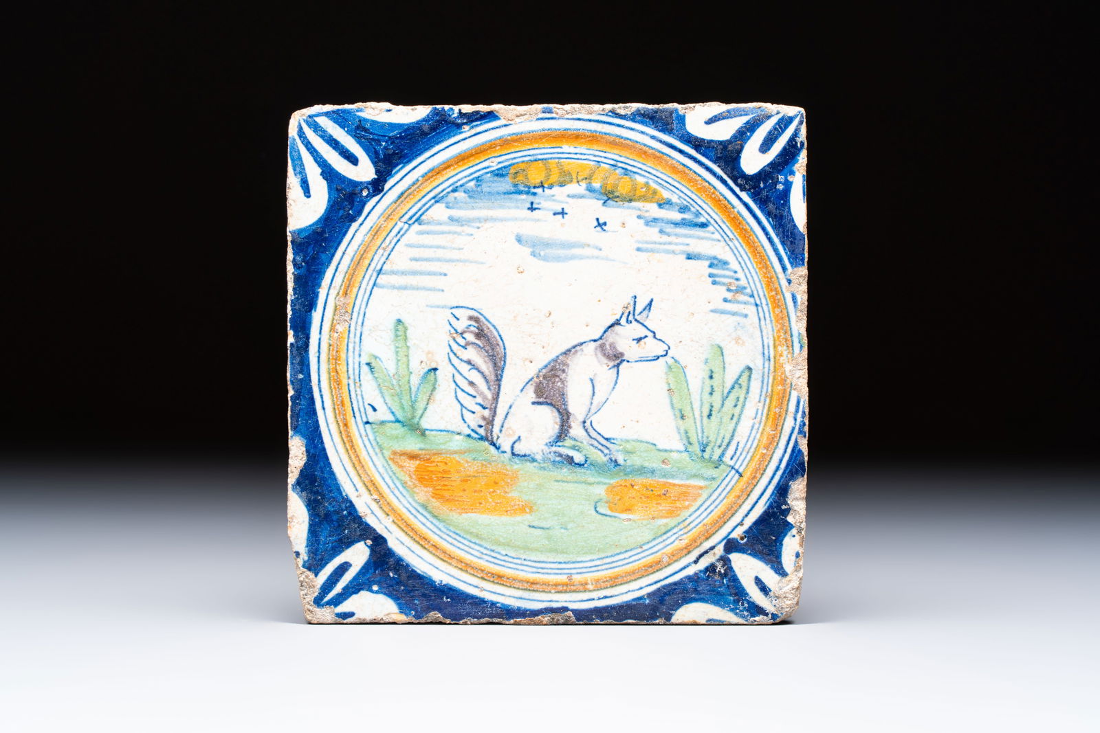 A rare polychrome Dutch Delft maiolica 'Double Crown' 'Fox' tile, Rotterdam, ca. 1600 (1 of 2)