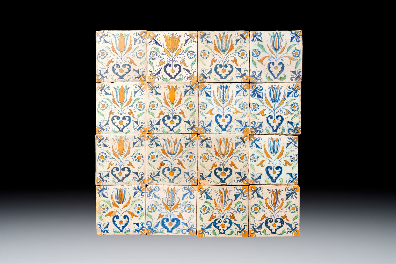 16 polychrome Dutch Delft 'Tulip Heart' tiles, 17th C. (1 of 2)