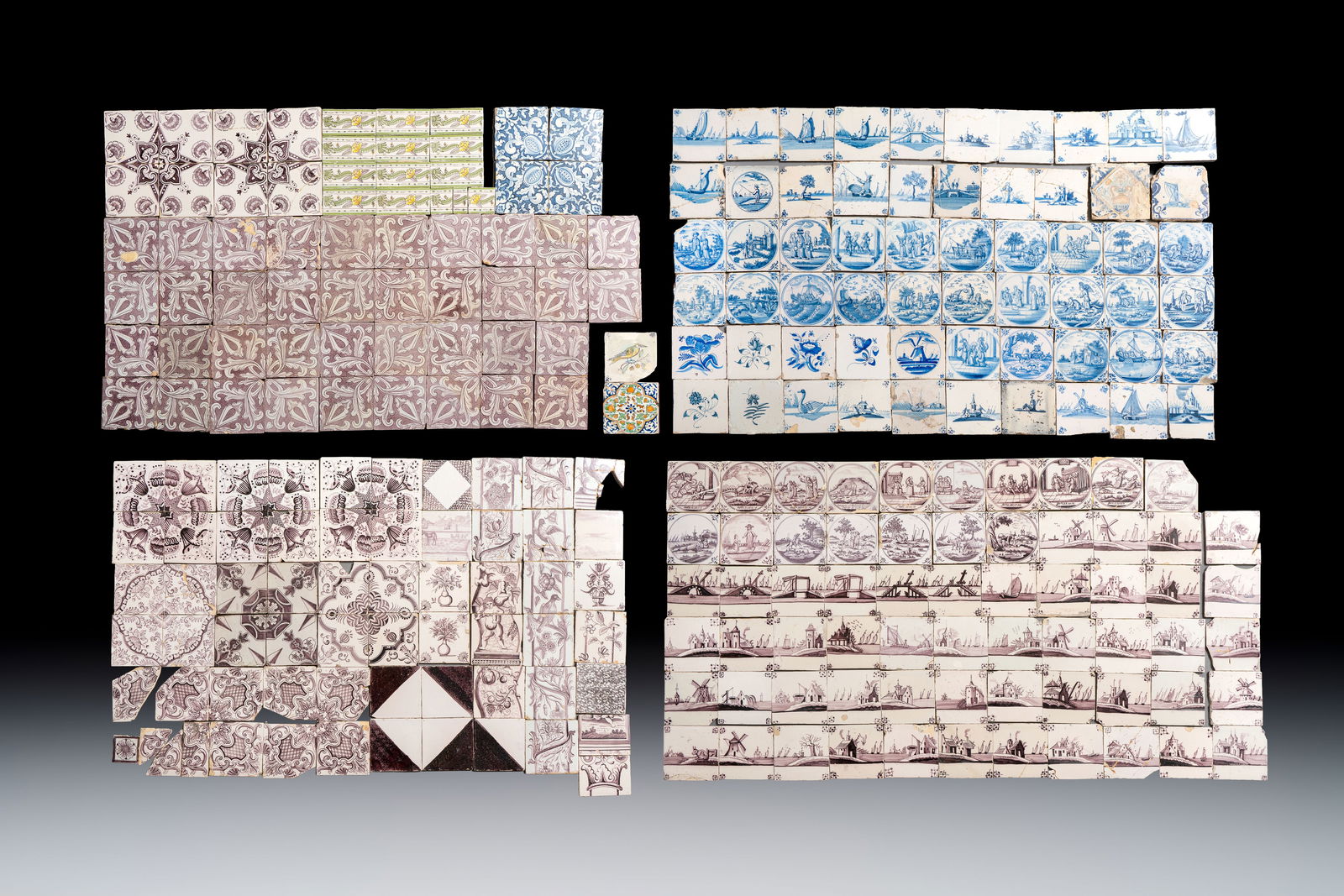 A large and varied collection of 249 Dutch Delft blue and white, manganese and polychrome tiles, (1 of 5)