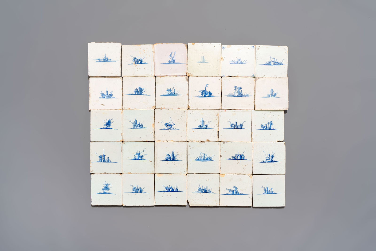 30 blue and white Dutch Delft tiles without corner motif, late 17th C. (1 of 2)
