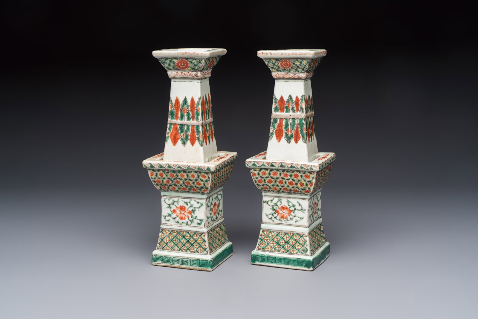 A pair of Chinese famille verte square candle holders, 19th C. (1 of 7)