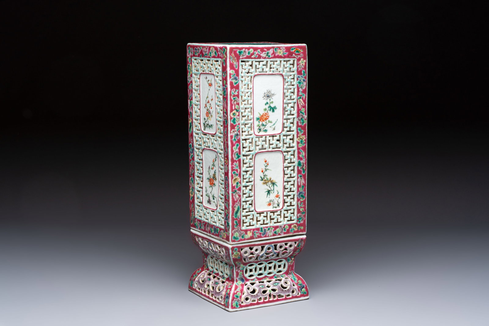 A fine Chinese famille rose reticulated square lantern with a stand, 19th C. (1 of 8)