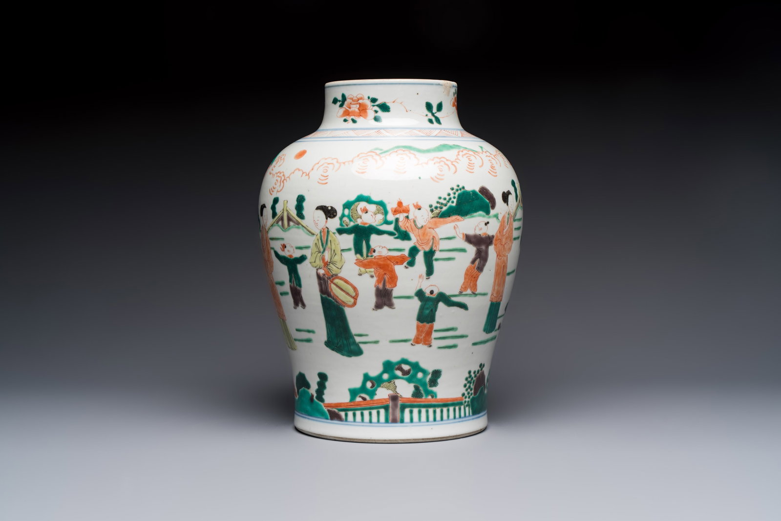 A Chinese famille verte 'Elegant Beauties and Playing Boys' vase, 19th C. (1 of 6)