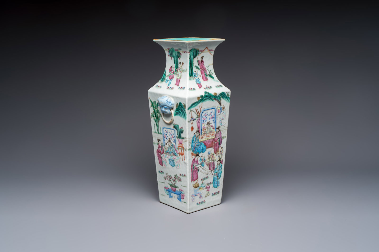 A Chinese famille rose square vase with narrative design, 19th C. (1 of 7)