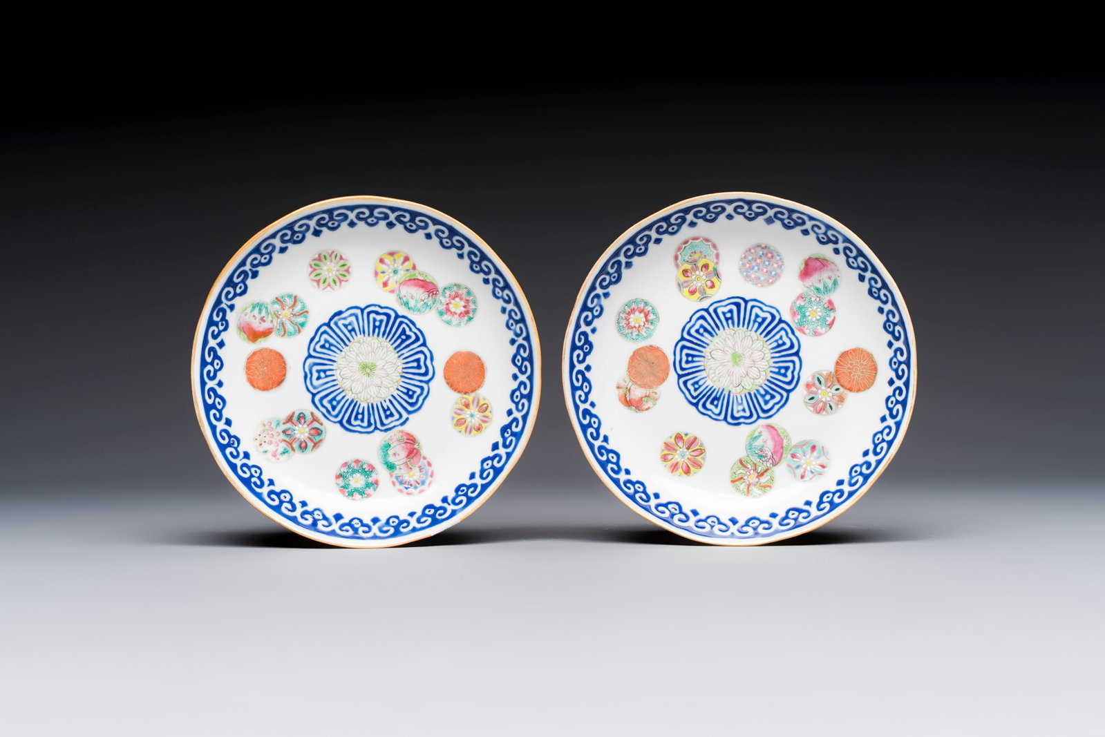 Two Chinese famille rose 'Brocade Ball' saucers, Tongzhi mark and of the period (1 of 2)