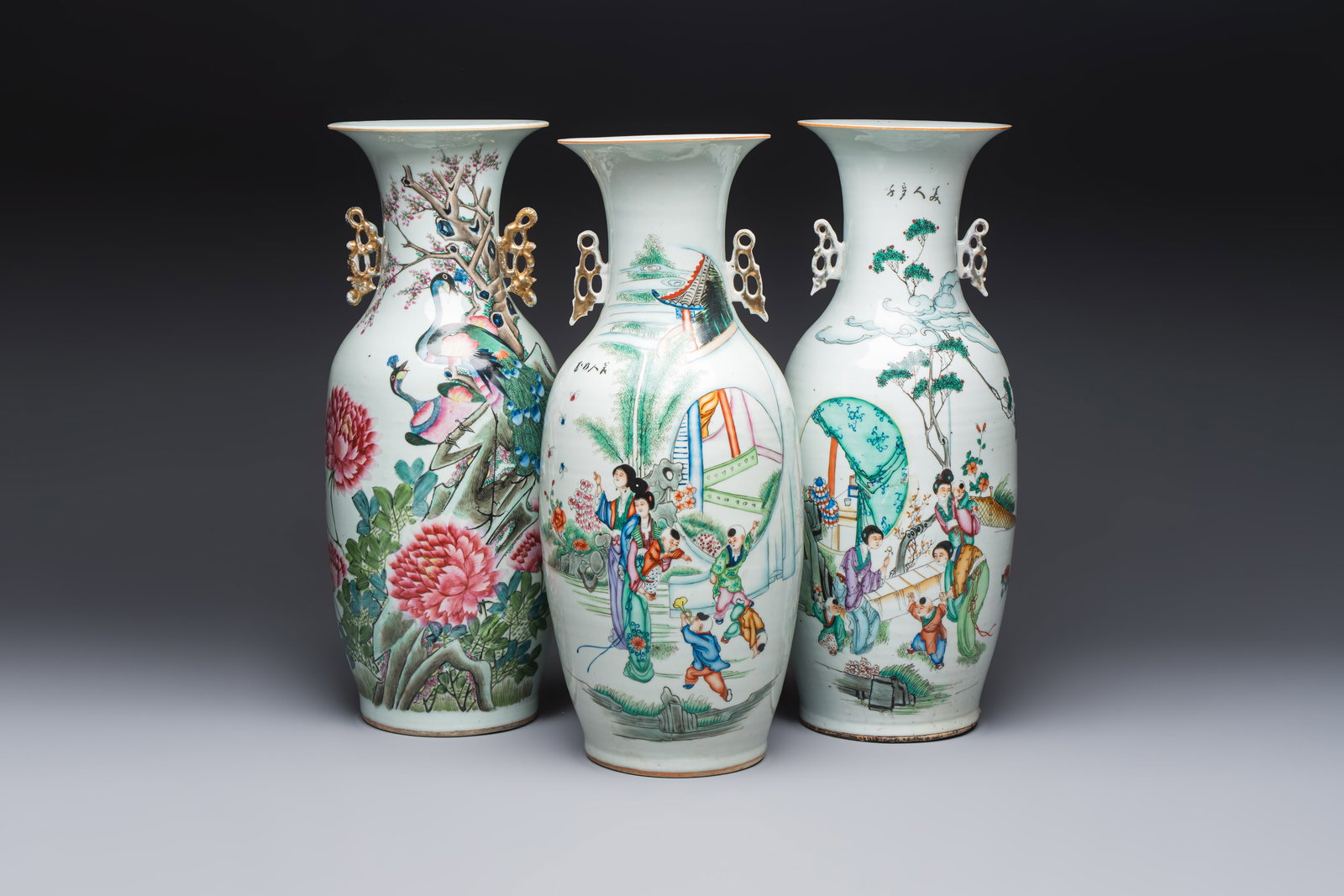 Three Chinese famille rose vases, signed Hu Yuanxin, Luo Yisheng and Wang (1 of 7)