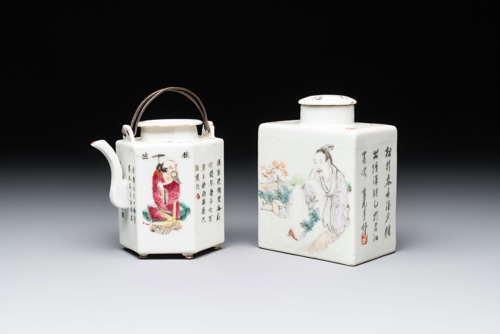 A Chinese famille rose 'Wu Shuang Pu' covered teapot and a qianjiang cai covered tea caddy, signed (1 of 13)