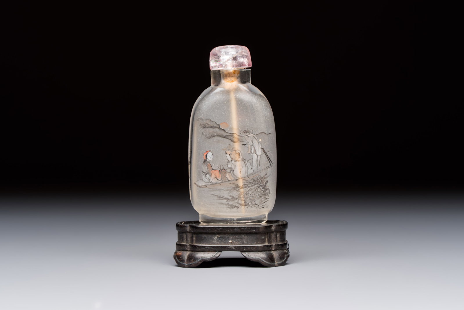 A Chinese inside-painted snuff bottle on wooden stand with figural and insect design, signed Ma (1 of 9)