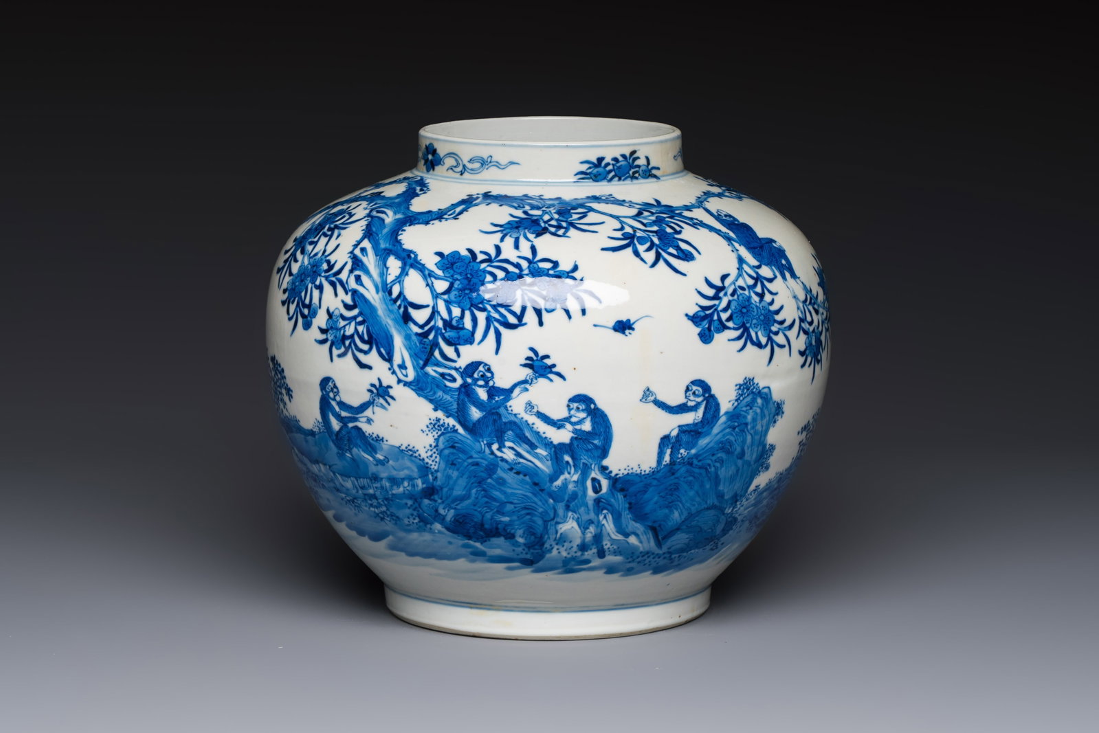 A Chinese blue and white 'Monkeys' vase, Man Tang Fu Ji mark, 19th C. (1 of 7)