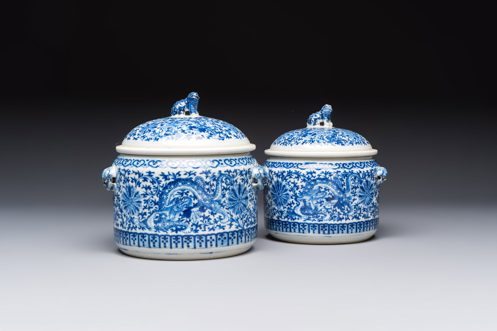 Two Chinese blue and white 'Chilong' covered warming bowls, Guangxu mark and of the period (1 of 7)
