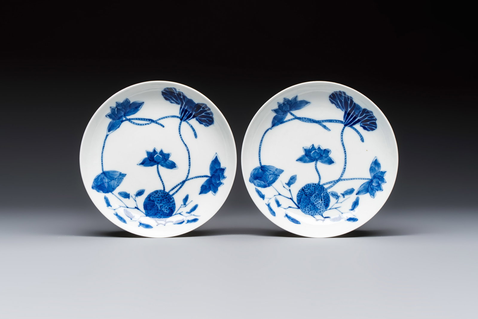 A pair of Chinese blue and white 'Bleu de Hue' plates with lotus design, Phi Khanh An Duong (1 of 2)