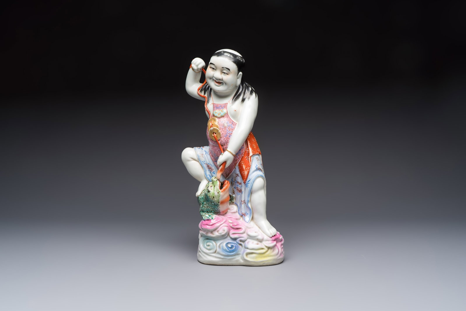 A Chinese famille rose group of Liu Hai and his three-legged toad, Wei Hongtai Zao mark, Republic (1 of 7)