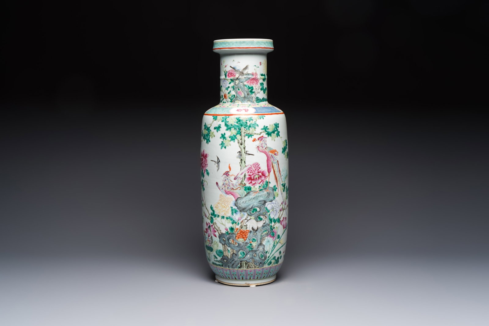 A Chinese famille rose 'Birds among Flowering Branches' rouleau vase, Qianlong mark, Republic (1 of 6)