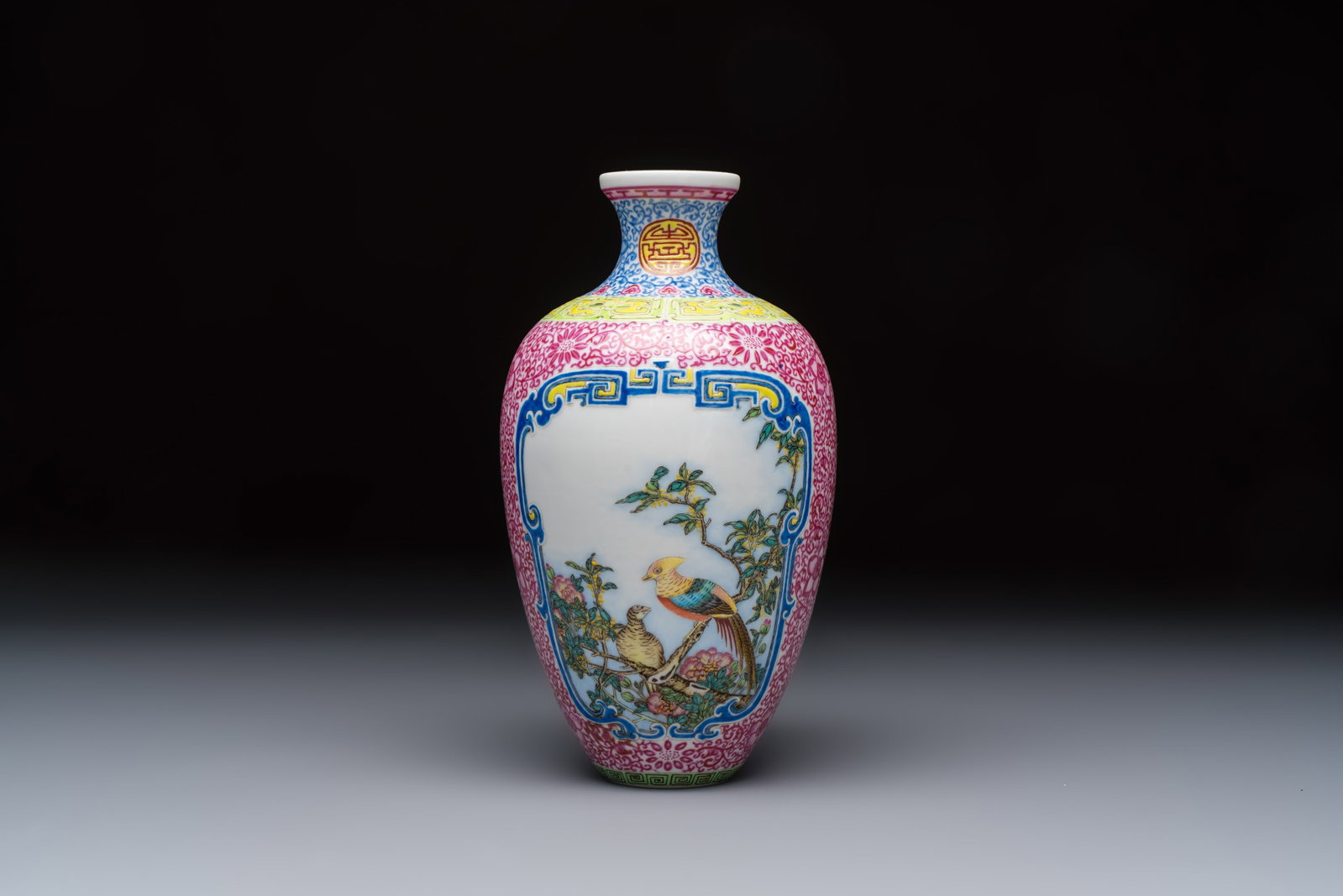 A Chinese falangcai 'Birds among Flowering Branches' vase, Qianlong mark, Republic (1 of 6)