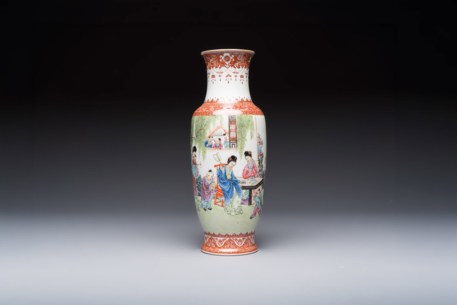A Chinese famille rose 'Elegant Beauties and Playing Boys' vase, Qianlong mark, 20th C. (1 of 6)