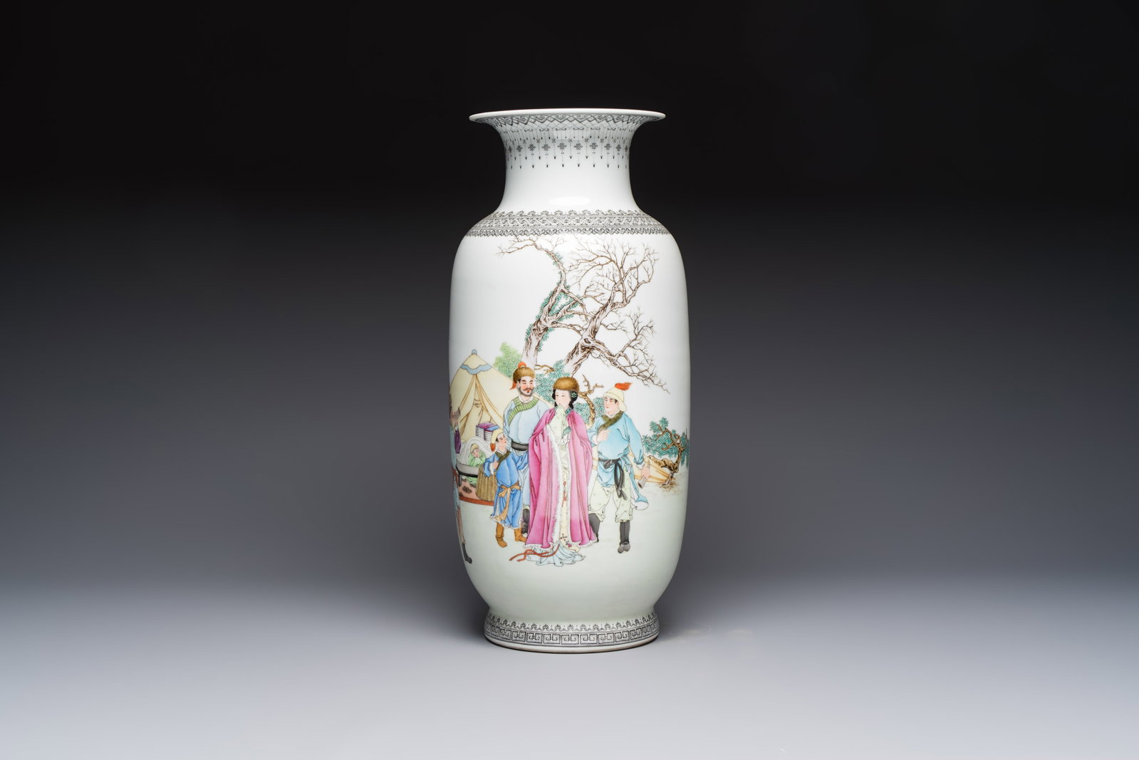 A Chinese famille rose vase with figural design, Qianlong mark, 20th C. (1 of 6)
