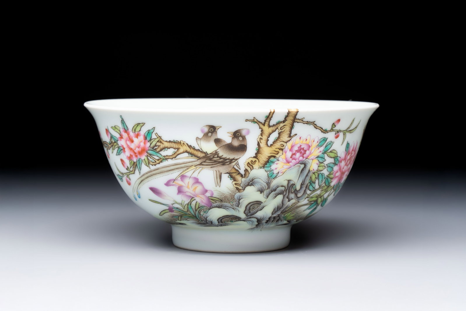 A Chinese falangcai 'Birds and Peonies' bowl, Yongzheng mark, Republic (1 of 6)