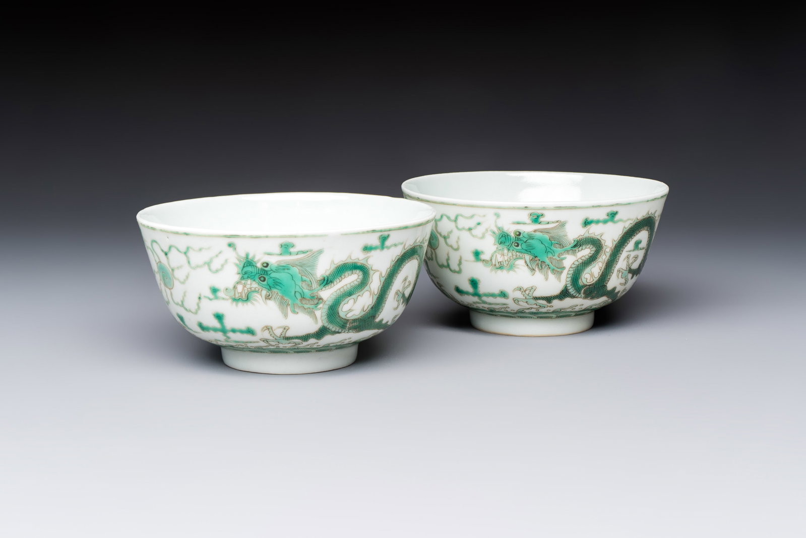 A pair of Chinese green-enamelled 'Dragon' bowls, Guangxu marks, Republic (1 of 7)