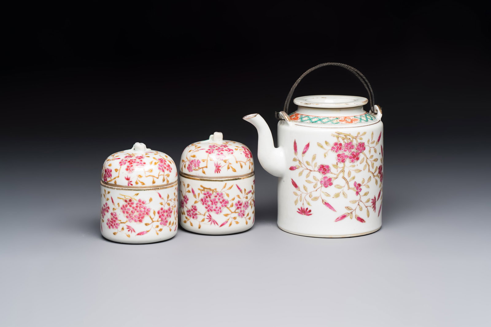A Chinese famille rose wine pot and a pair of covered wine warming bowls with cups, Qianlong and (1 of 19)