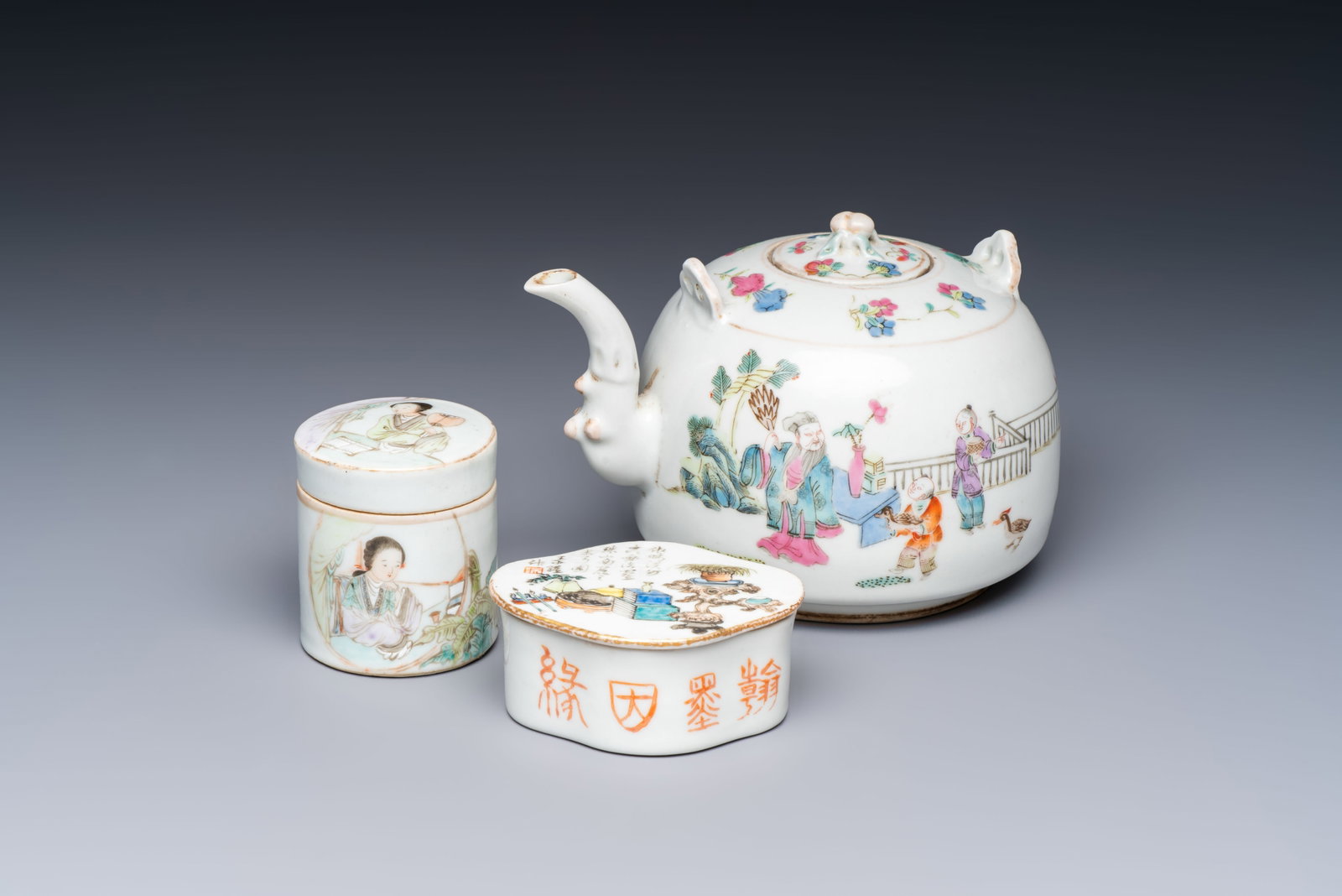 A Chinese famille rose teapot and two covered boxes, various marks, Republic (1 of 20)