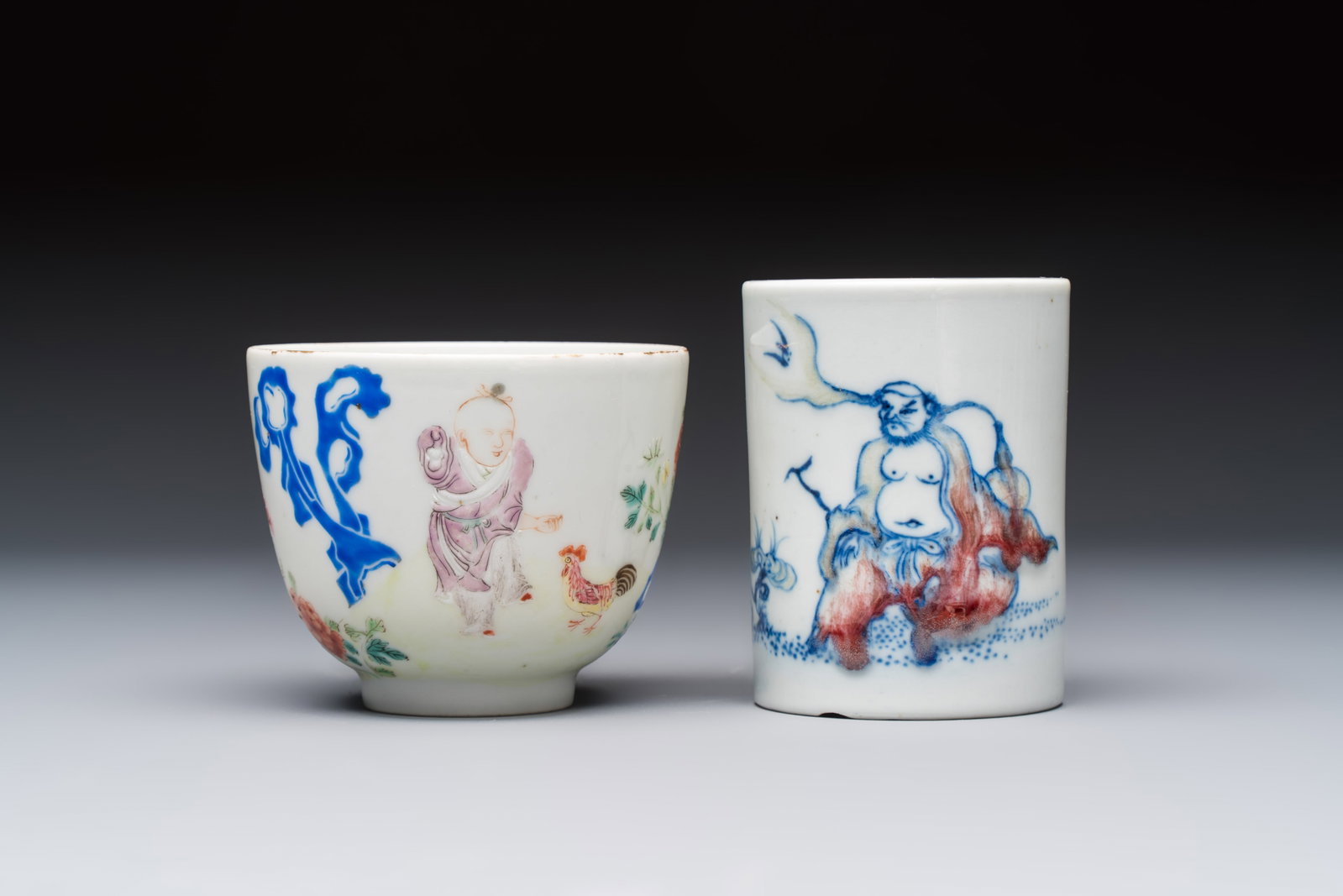 A Chinese famille rose 'Chicken' cup and a blue, white, and copper-red 'Li Tieguai' brush pot, (1 of 6)