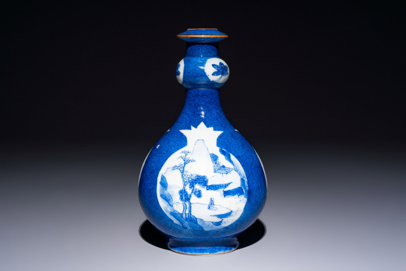 A Chinese blue and white powder-blue-ground hookah base, Kangxi (1 of 6)