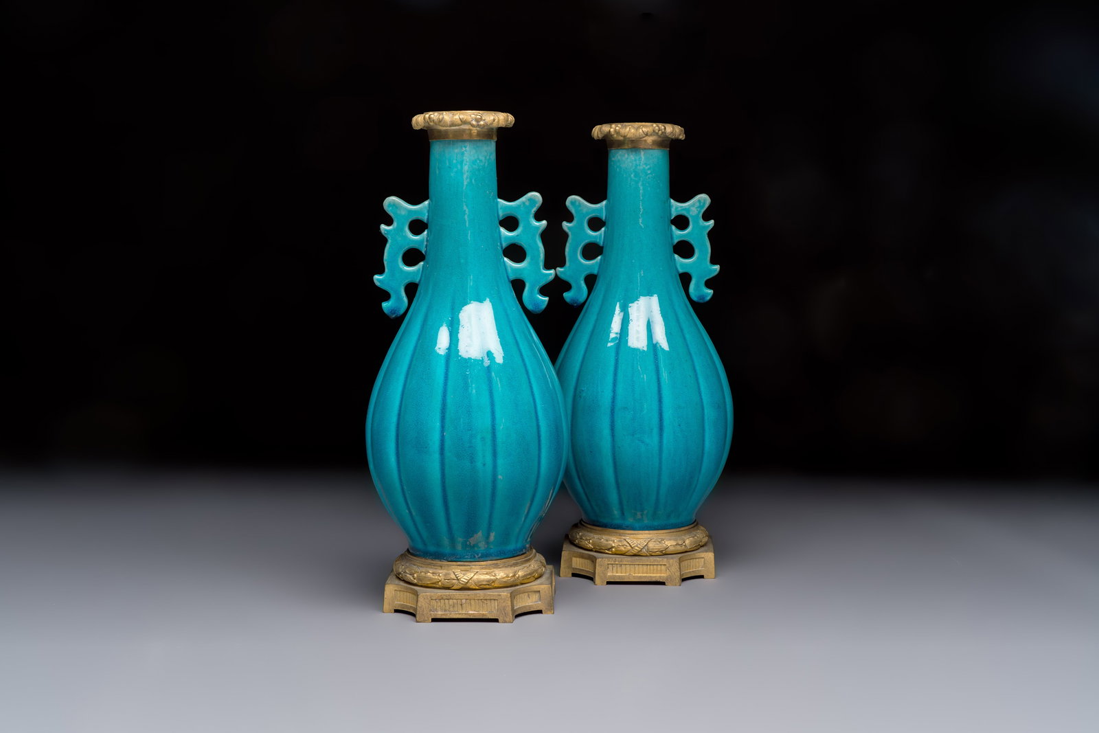 A pair of gilt-bronze-mounted Chinese turquoise-glazed vases, 19th C.: A pair of gilt-bronze-mounted Chinese turquoise-glazed vases, 19th C. H.: 28,5 cm Ref.: - Sotheby's Paris, 7 July 2022, lot 177 for two identical pairs. (sold EUR 9,450) (