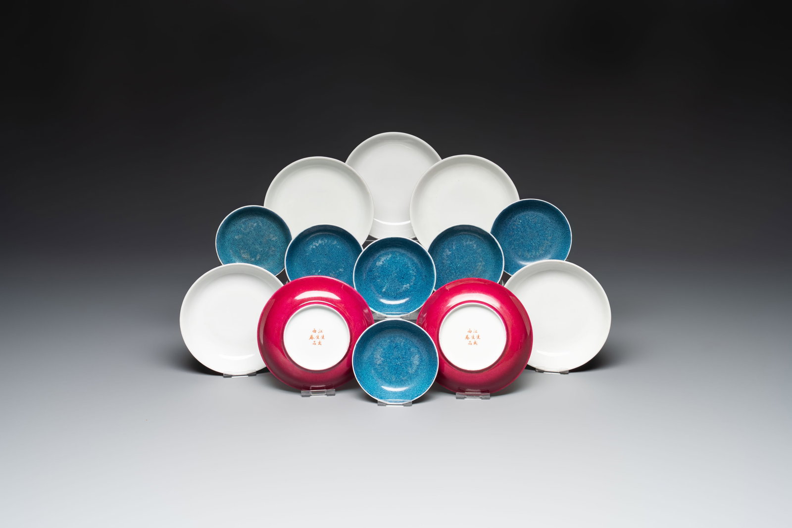 Six Chinese robin's egg-glazed saucers and seven ruby-back plates, Qianlong and Shengshengchun (1 of 13)