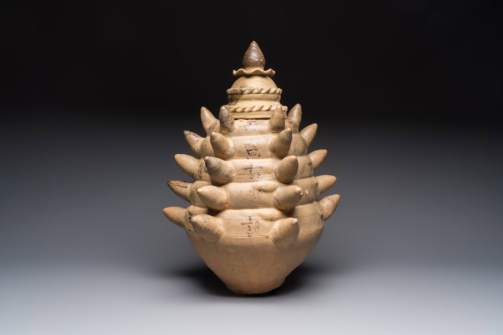 A large inscribed Chinese spiked funerary jar and cover, Northern Song, dated 1026 (1 of 7)