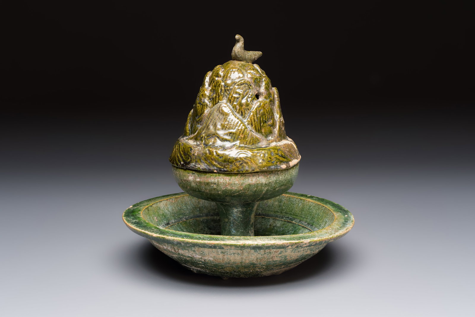 A Chinese green-glazed pottery 'Boshanlu' stemmed censer and cover, Han (1 of 7)