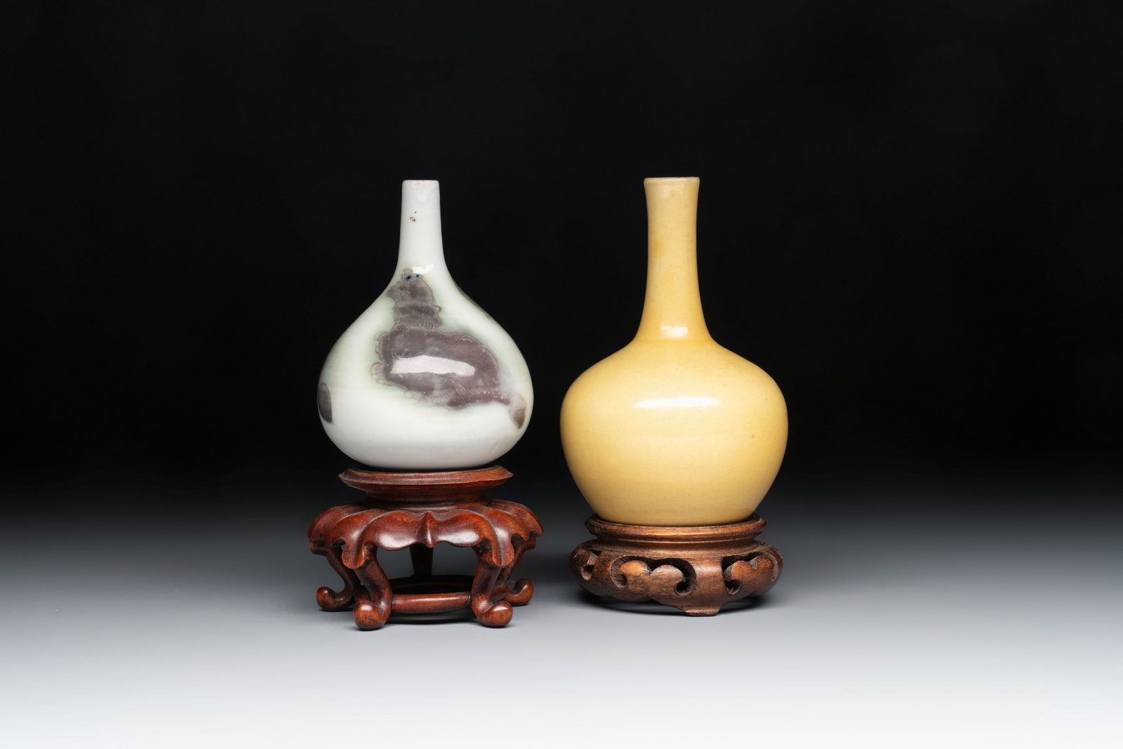 A Chinese copper-red and white 'Mythical Beasts' vase and a yellow-glazed bottle vase, on later (1 of 7)