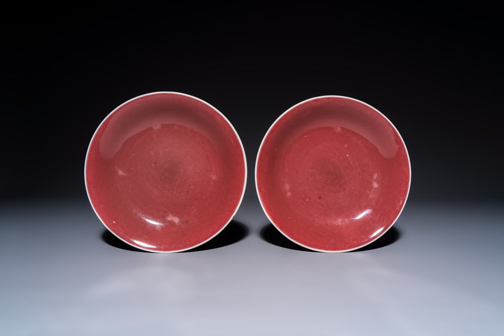 A pair of Chinese copper-red-glazed plates, Qianlong mark and of the period (1 of 2)