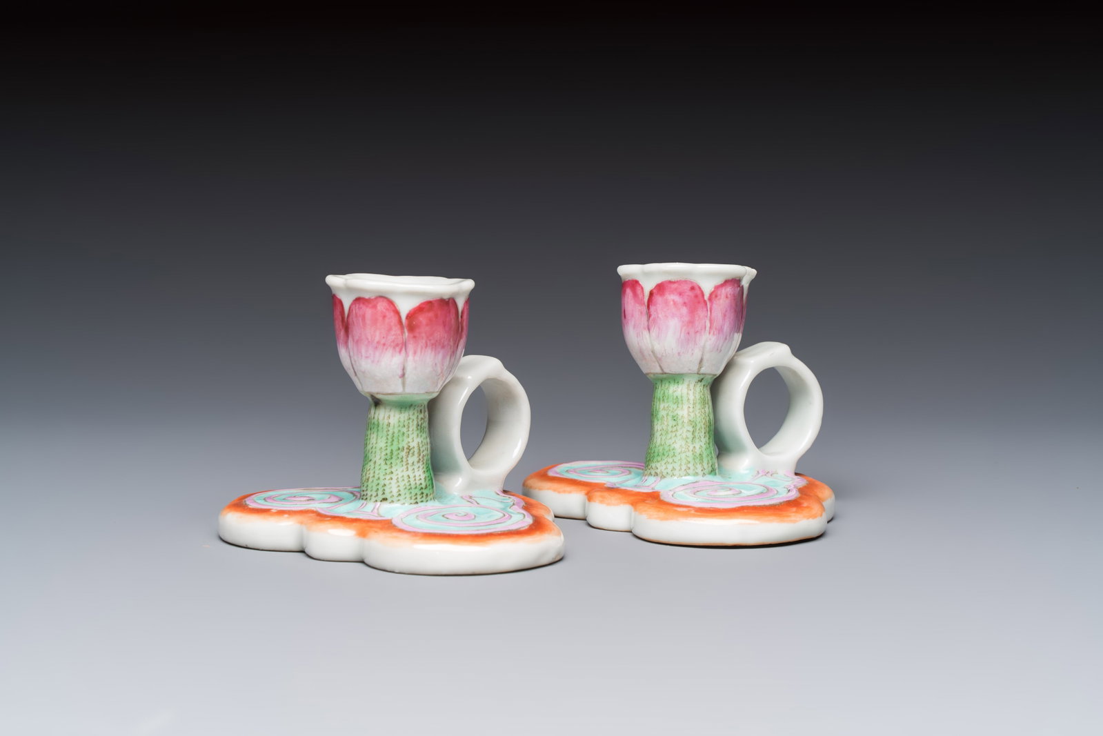 A pair of Chinese export famille rose lotus-form chambersticks on ruyi-shaped bases, Qianlong (1 of 7)