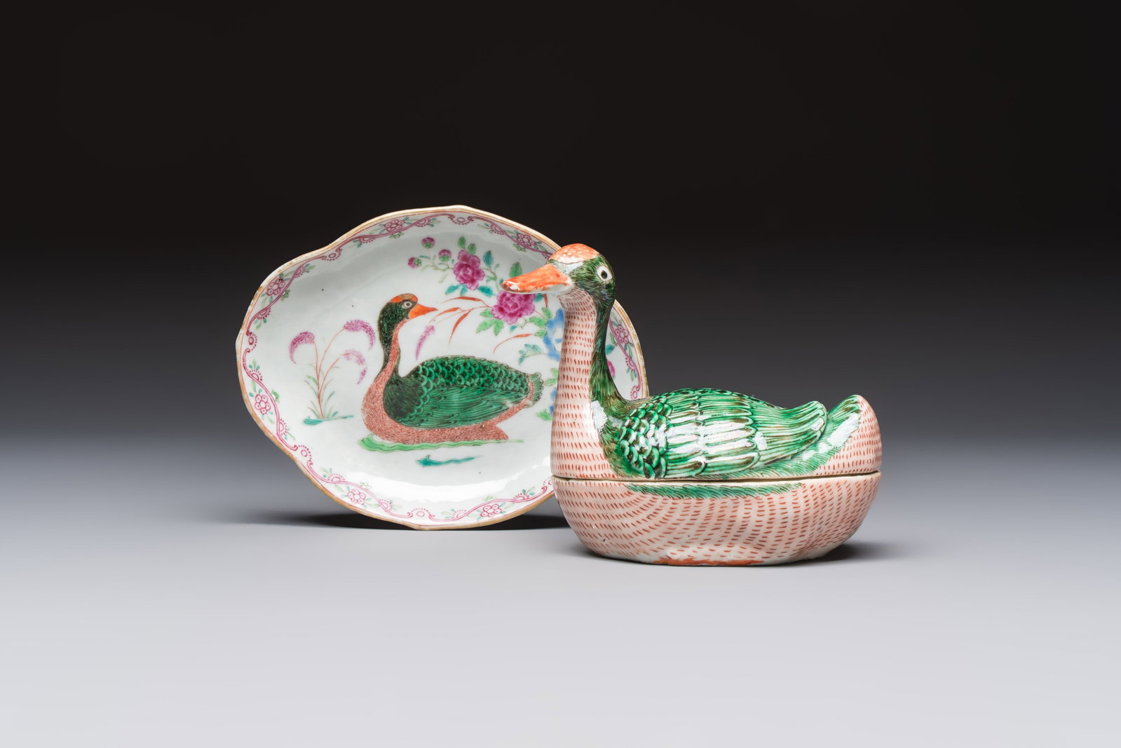 A Chinese export famille rose goose-form tureen and stand, Qianlong (1 of 10)