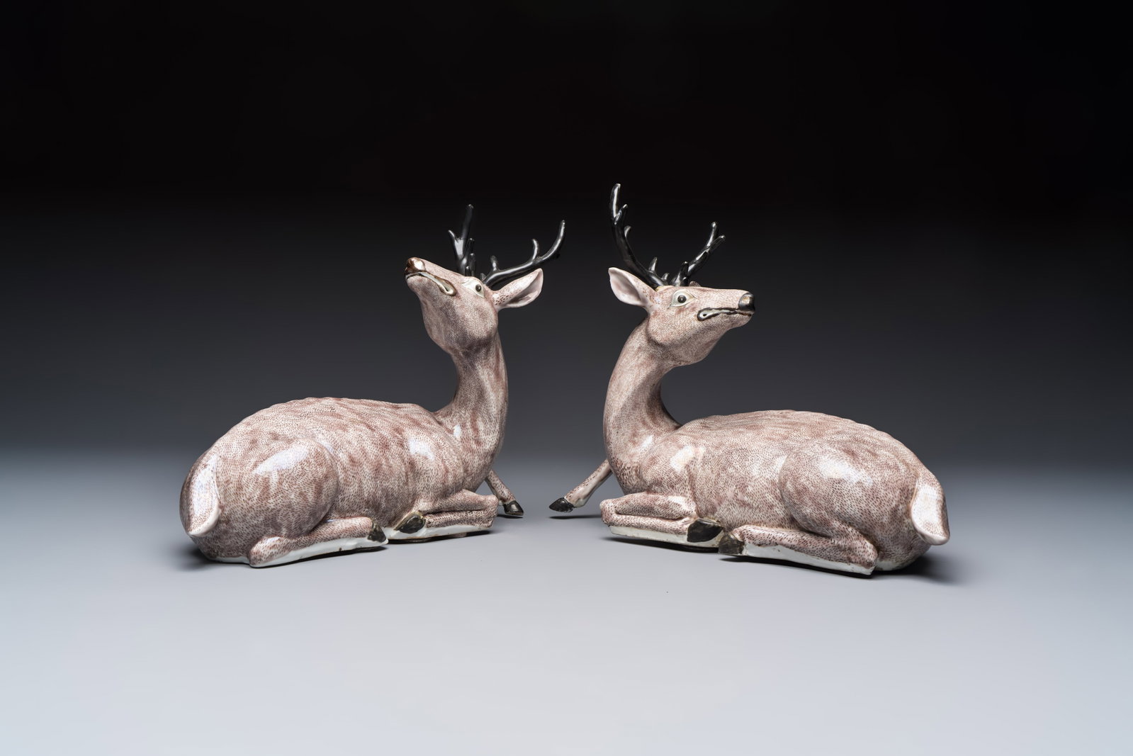 A pair of Chinese aubergine-glazed models of recumbent deer, 18/19th C. (1 of 9)