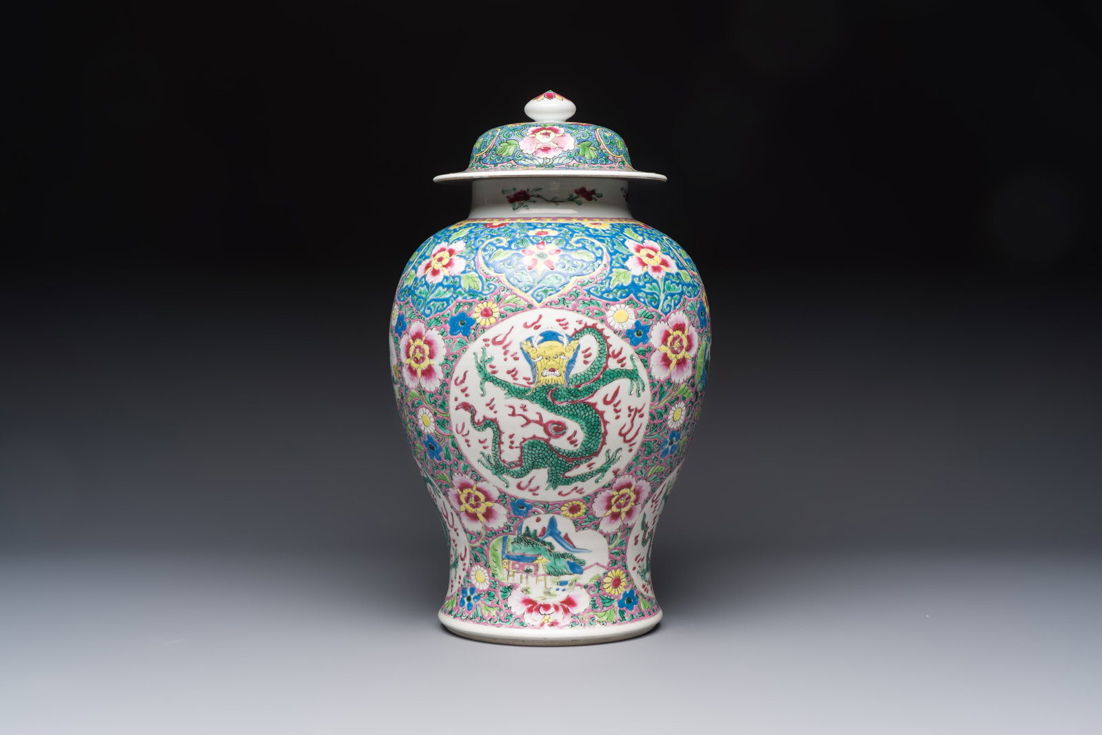 A Chinese famille rose 'Dragons' baluster vase and cover, Yongzheng/Qianlong (1 of 7)