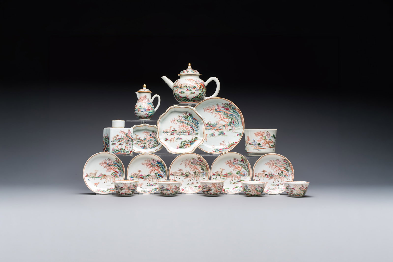 A Chinese famille rose 17-piece 'Deer and Scholars' tea service, Qianlong (1 of 20)