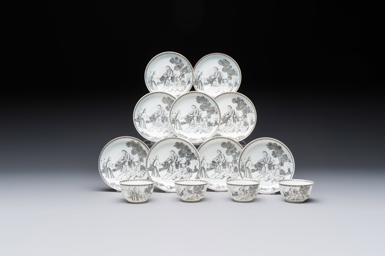 Four Chinese grisaille 'Western subject' cups and nine saucers, Qianlong (1 of 13)