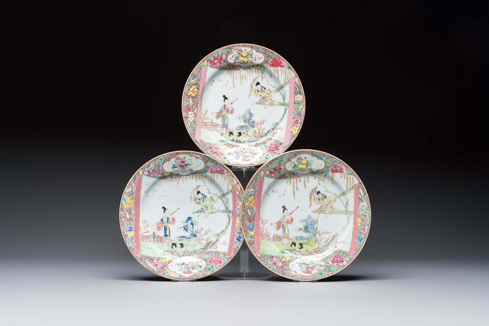 Three fine Chinese famille rose 'Xi Xiang Ji' plates, Yongzheng (1 of 7)