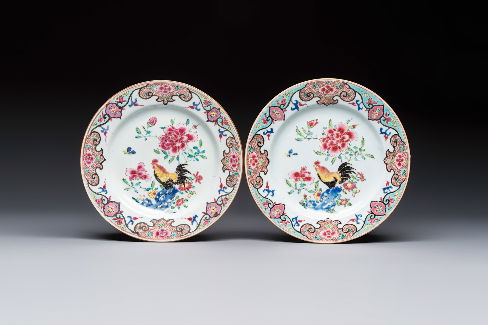 A pair of Chinese famille rose 'Rooster' plates, Qianlong (1 of 2)