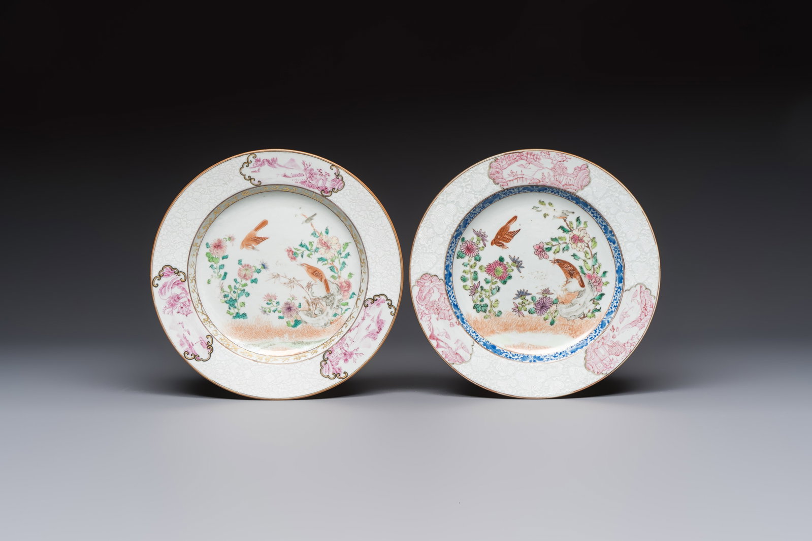 Two Chinese famille rose 'Magpie and Peony' plates with bianco-sopra-bianco rims, Yongzheng (1 of 2)
