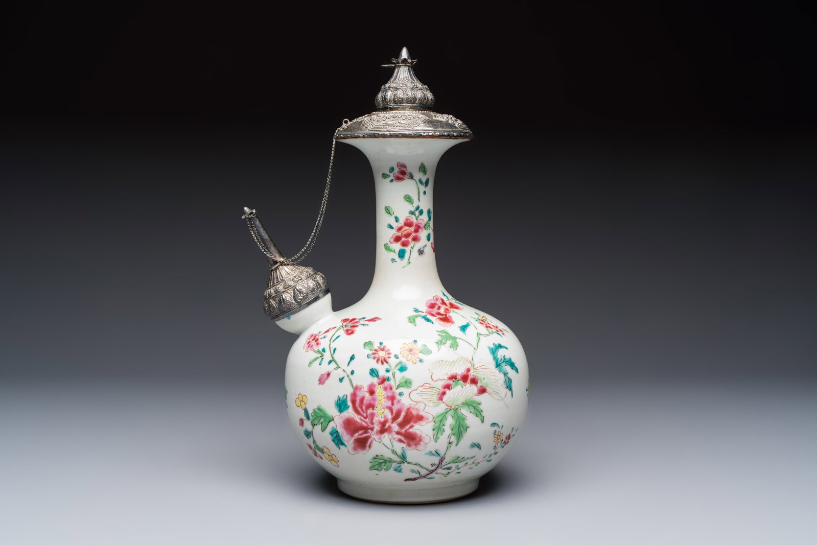 A silver-mounted Chinese famille rose kendi with floral design, Qianlong (1 of 9)