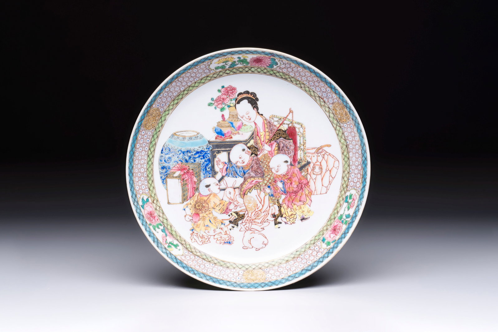 A fine Chinese famille rose eggshell plate with a lady and playing boys, Yongzheng (1 of 3)